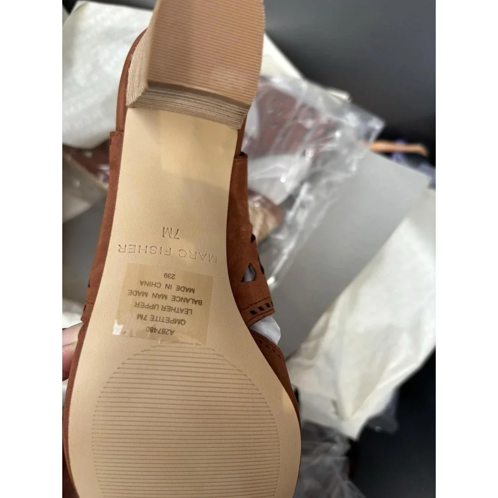 Marc Fisher Womens Sandals 9 M Leather Block Heel nubuck suede Qmpetite Cognac